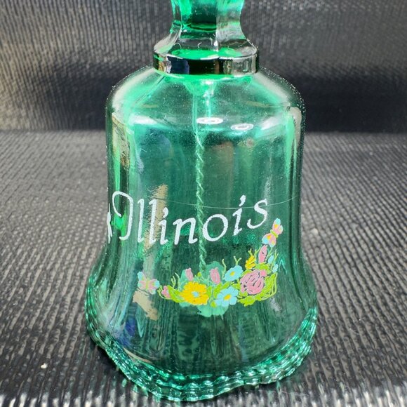 Vintage Illinois State Green Glass Bell Applied Flowers Glassware Figurine Decor - Picture 5 of 9